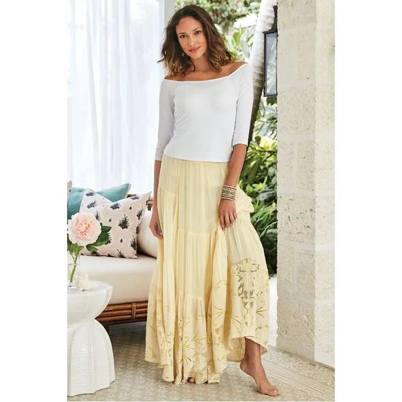 Soft Surroundings Butter Yellow Gauzy Cotton Embroidered Tiered Maxi Skirt Sz 1X - Picture 1 of 10